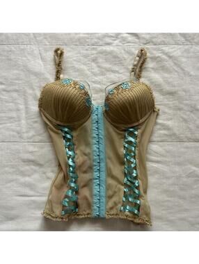 Y2K Beige Aqua Lace Up Corset Bustier Top Embroidered Floral Coquette Style